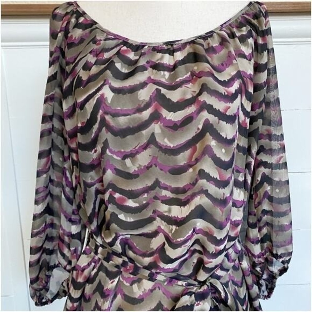 Daniel Rainn Purple Abstract Scallop Wave Sheer Chiffon Tunic Top Belted Medium - Picture 2 of 12